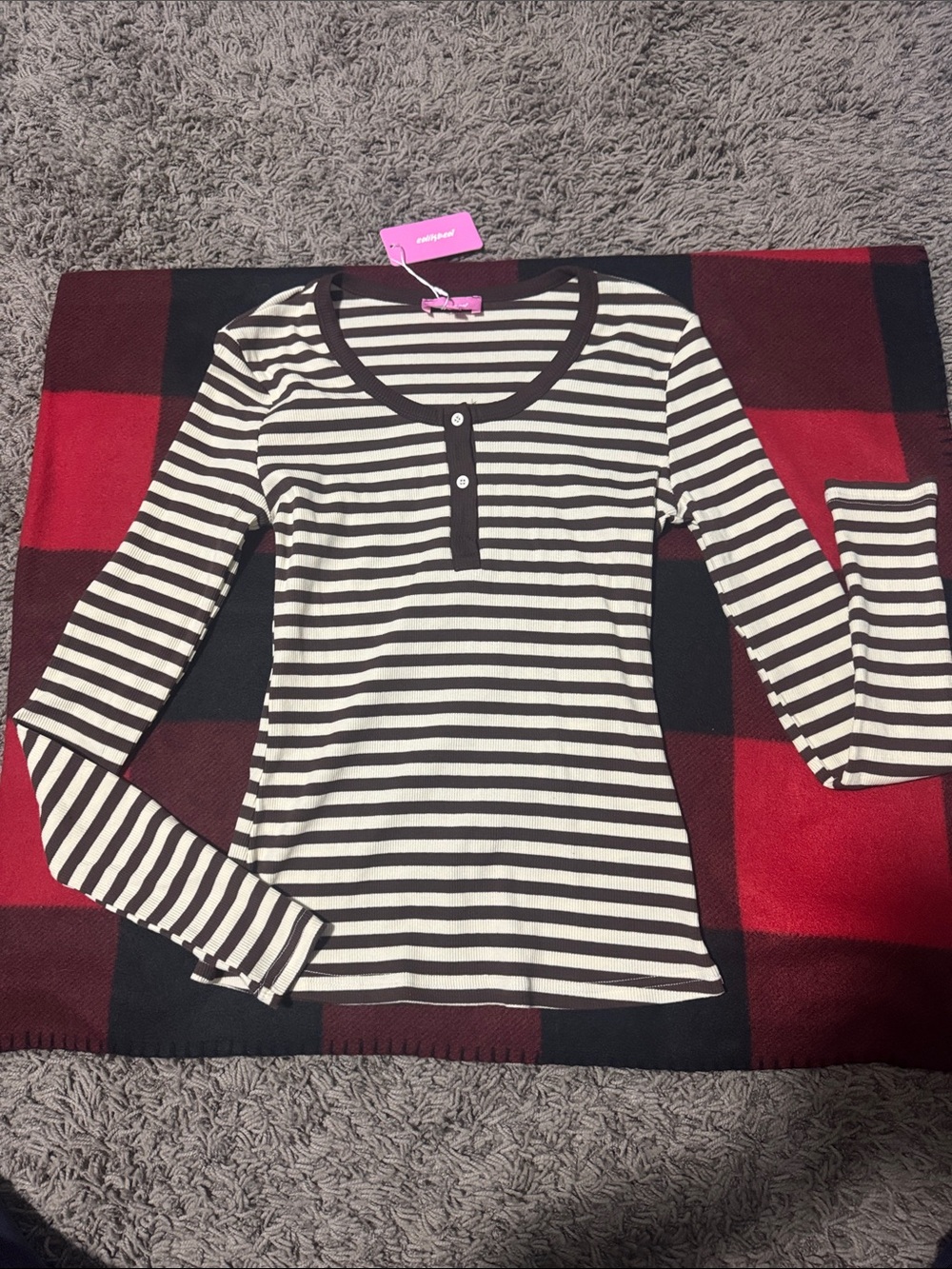 Edikted Brown & Cream Striped Long Sleeve Henley